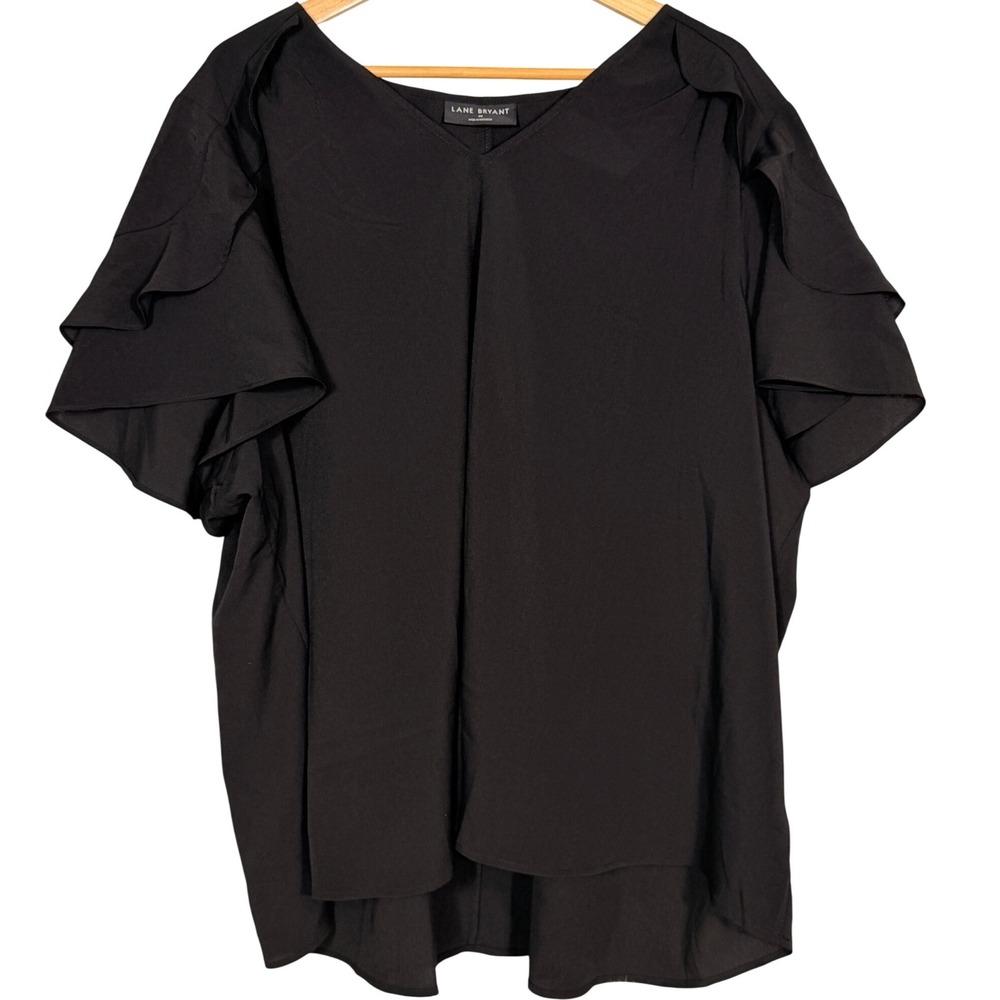 Lane Bryant Black V-Neck Ruffle Tiered Short Sleeve Blouse Size 28 RN118641
